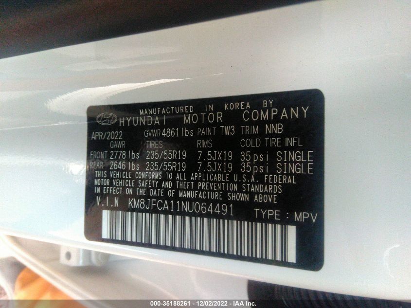2022 HYUNDAI TUCSON HYBRID SEL CONVENIENCE KM8JFCA11NU064491