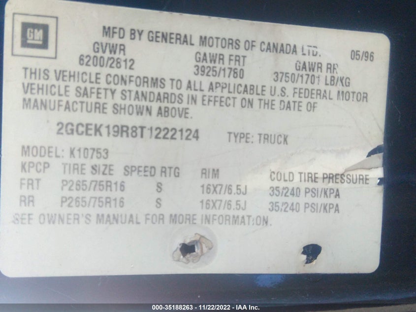 1996 CHEVROLET GMT-400 VIN: 2GCEK19R8T1222124