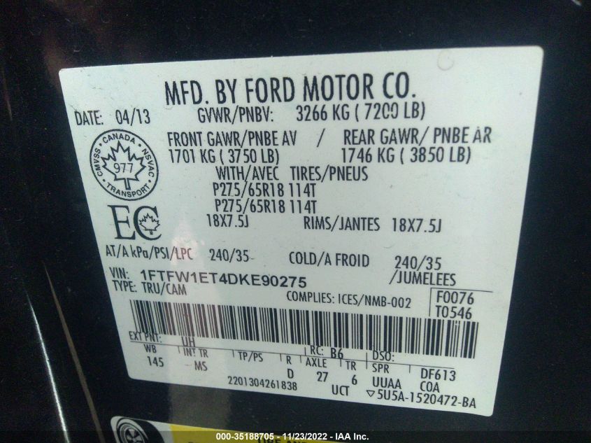 2013 FORD F-150 XL/XLT/FX4/LARIAT 1FTFW1ET4DKE90275