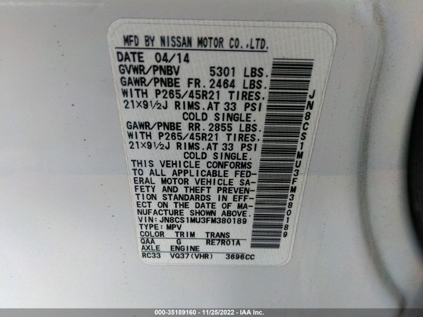 2015 INFINITI QX70 JN8CS1MU3FM380189