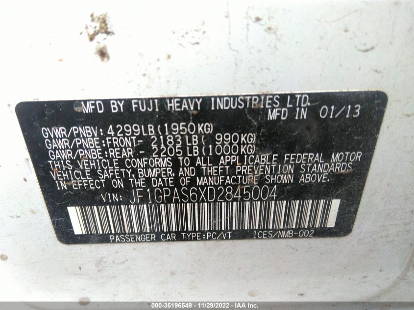 2013 SUBARU IMPREZA WAGON 2.0I SPORT LIMITED - JF1GPAS6XD2845004
