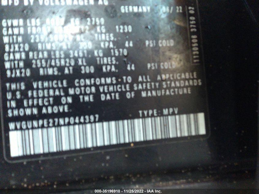 2022 VOLKSWAGEN ID.4 PRO S WVGUNPE27NP044397