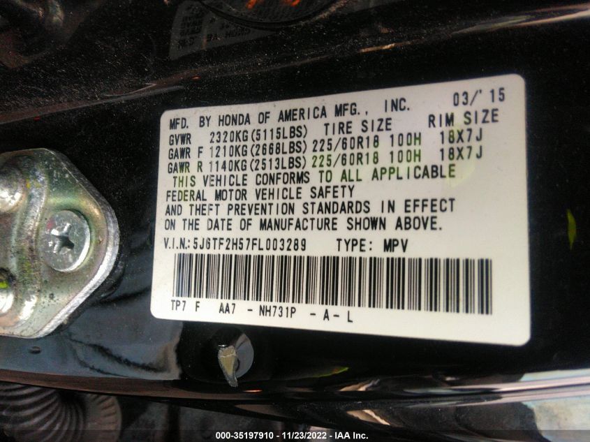 2015 HONDA CROSSTOUR EX-L 5J6TF2H57FL003289