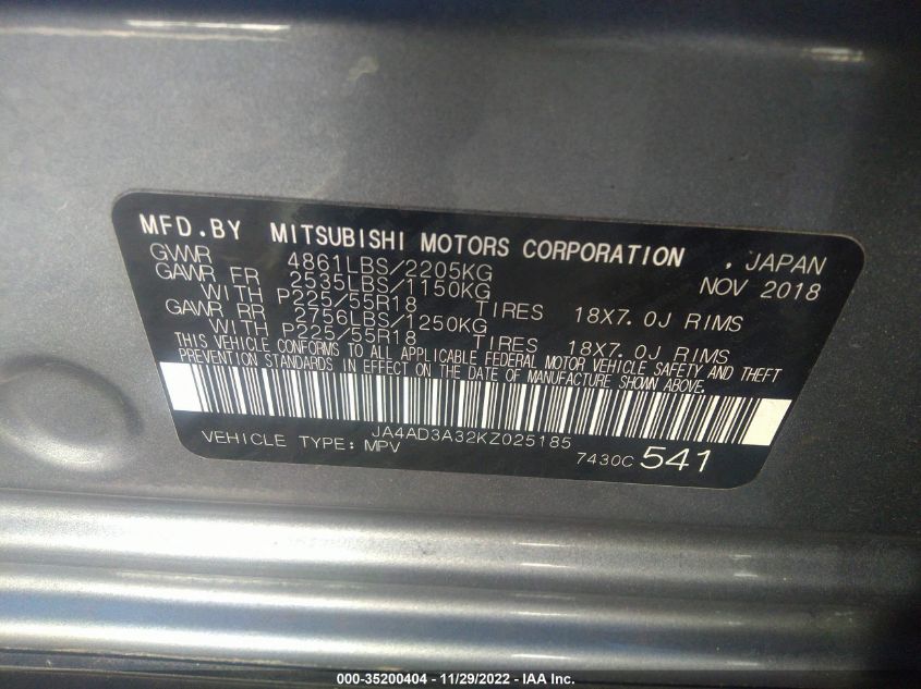 VIN JA4AD3A32KZ025185 2019 MITSUBISHI OUTLANDER no.9