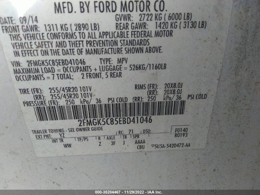 2014 FORD FLEX SEL 2FMGK5C85EBD41046
