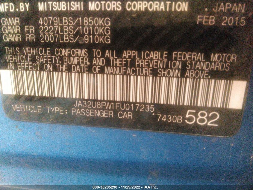 2015 MITSUBISHI LANCER GT JA32U8FW1FU017235