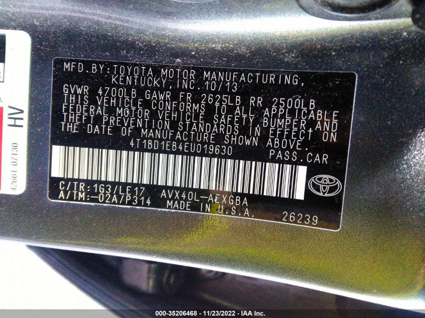 2014 TOYOTA AVALON HYBRID LIMITED/XLE TOURING 4T1BD1EB4EU019630