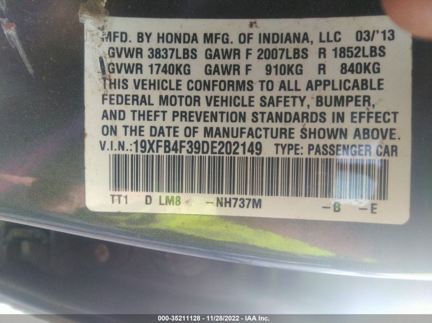 2013 HONDA CIVIC HYBRID 19XFB4F39DE202149