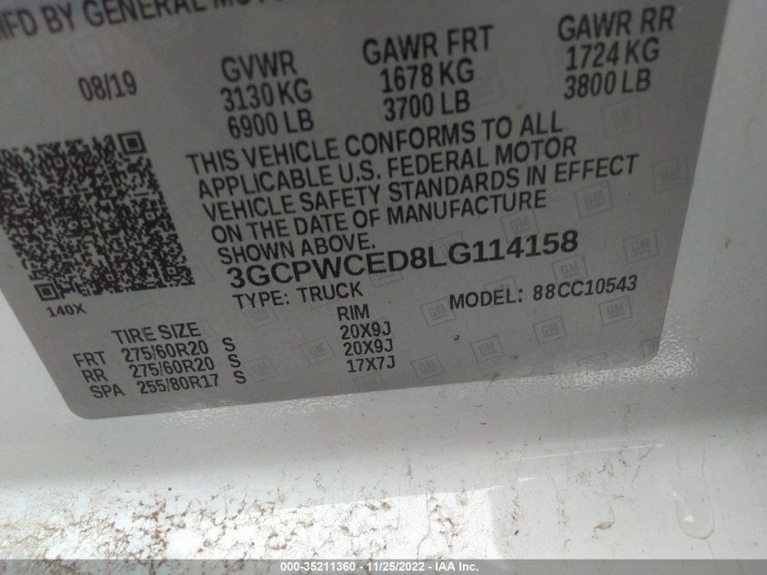2020 CHEVROLET SILVERADO 1500 LT 3GCPWCED8LG114158