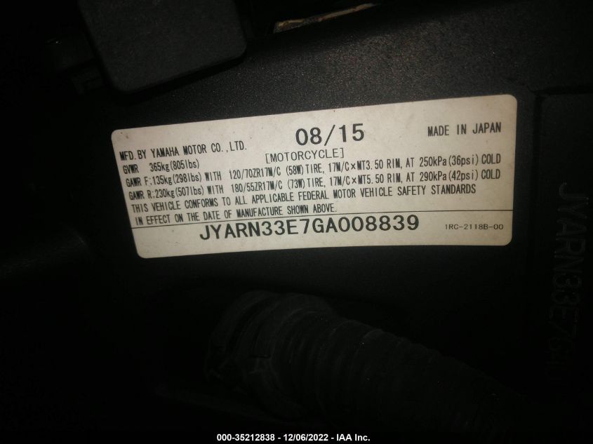 2016 YAMAHA FZ09 JYARN33E7GA008839