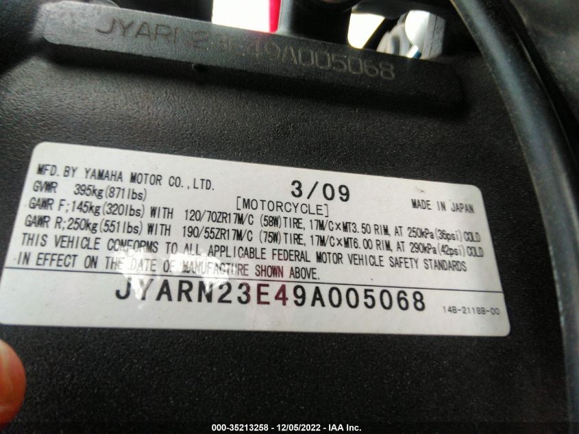 2009 YAMAHA YZFR1 JYARN23E49A005068
