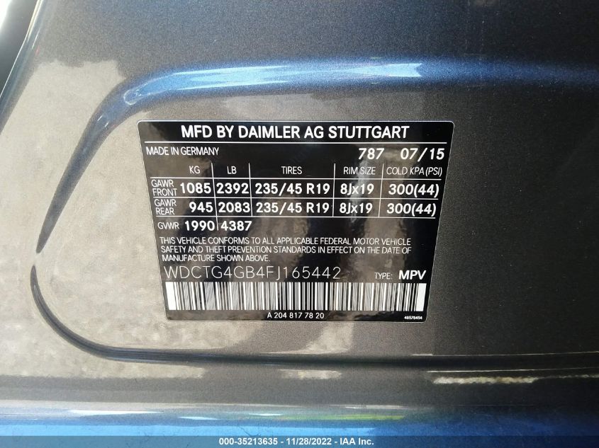 2015 MERCEDES-BENZ GLA-CLASS GLA 250 WDCTG4GB4FJ165442
