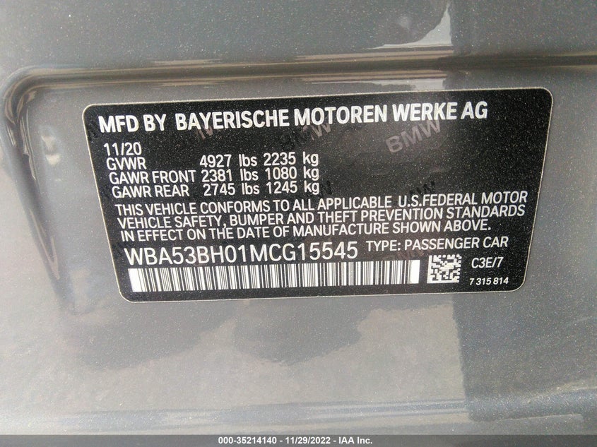 VIN: WBA53BH01MCG15545 2021 BMW 5 SERIES 530I