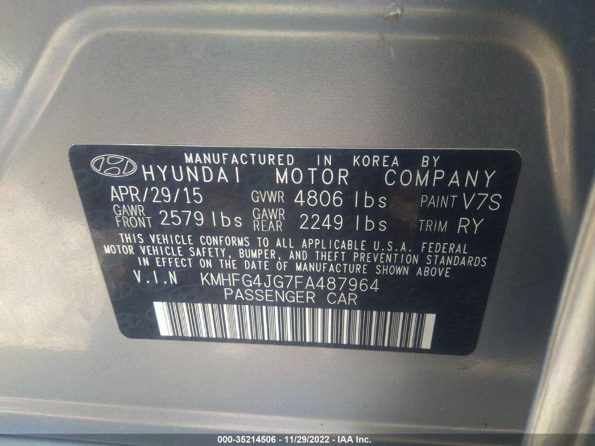 2015 HYUNDAI AZERA KMHFG4JG7FA487964