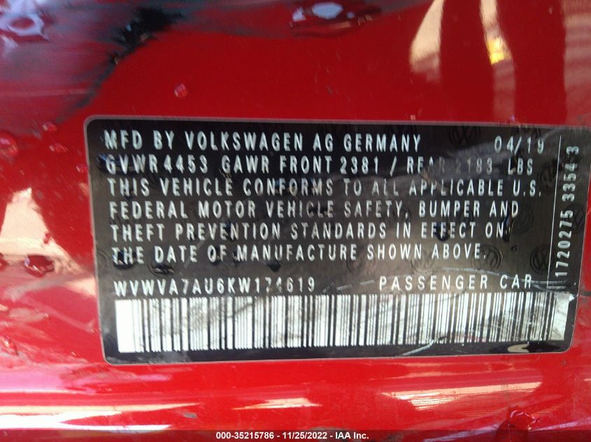 2019 VOLKSWAGEN GOLF R WVWVA7AU6KW174619