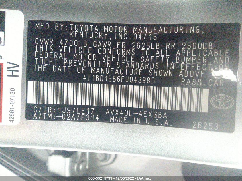 2015 TOYOTA AVALON HYBRID XLE TOURING/LIMITED 4T1BD1EB6FU043980