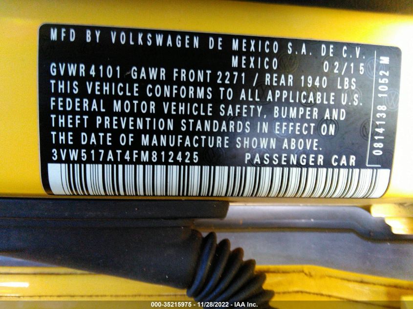 2015 VOLKSWAGEN BEETLE CONVERTIBLE 1.8T 3VW517AT4FM812425