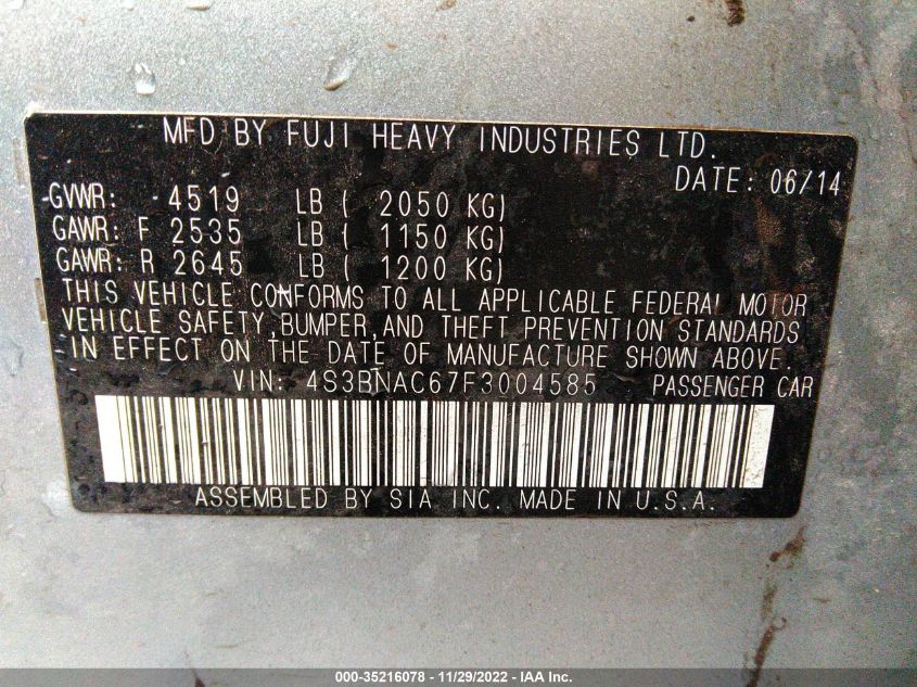 2015 SUBARU LEGACY 2.5I PREMIUM 4S3BNAC67F3004585