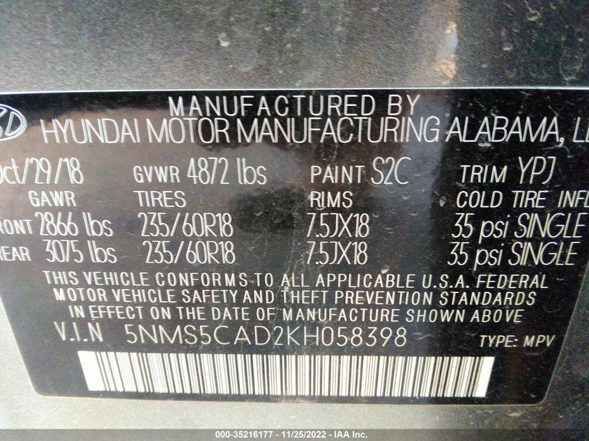 VIN: 5NMS5CAD2KH058398 2019 HYUNDAI SANTA FE ULTIMATE