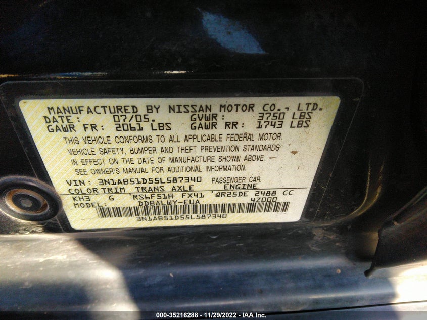 2005 NISSAN SENTRA VIN: 3N1AB51D55L587340