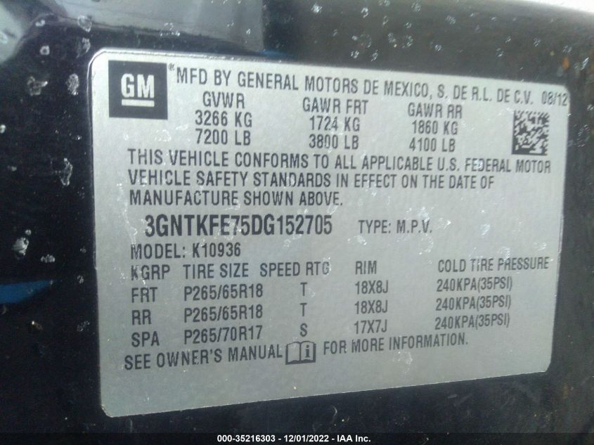 2013 CHEVROLET AVALANCHE LT 3GNTKFE75DG152705