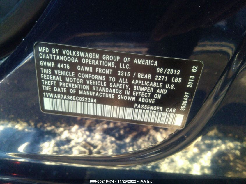 2014 VOLKSWAGEN PASSAT S - 1VWAH7A36EC022294