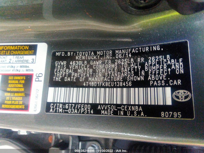 2014 TOYOTA CAMRY HYBRID LE/XLE/SE LIMITED EDITION 4T1BD1FK8EU138456