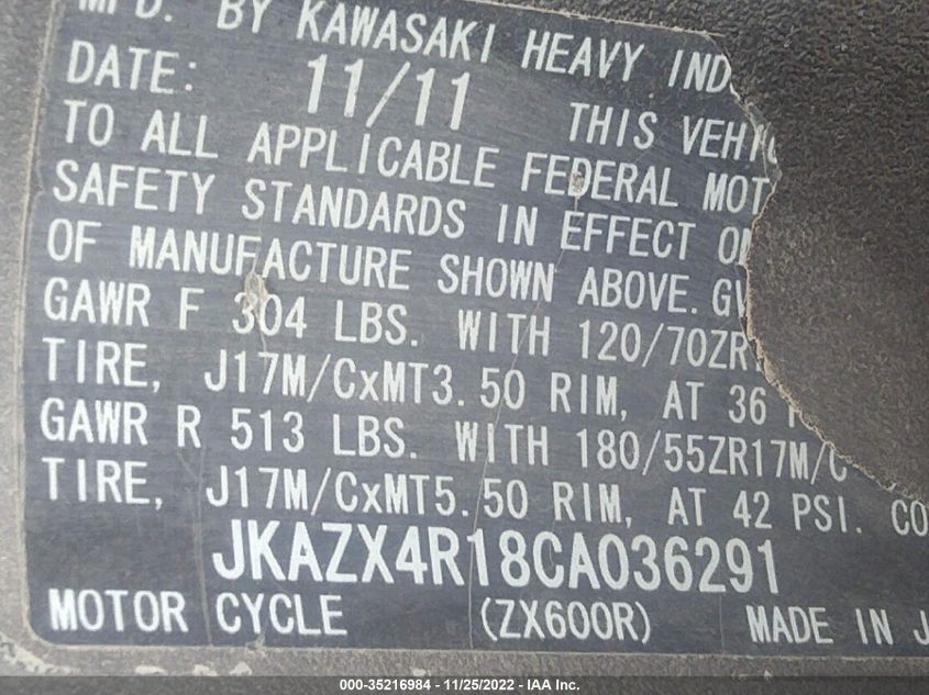 2012 KAWASAKI ZX600 R JKAZX4R18CA036291