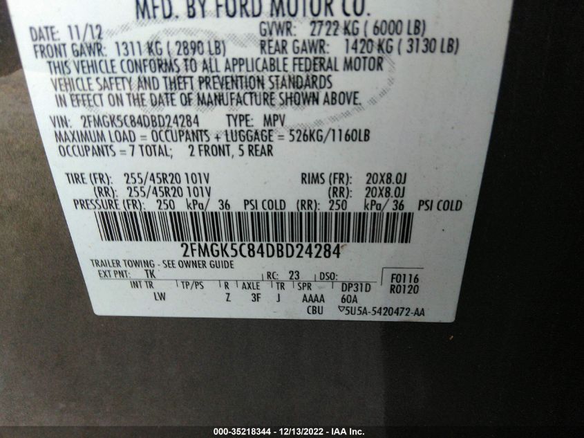2013 FORD FLEX SEL 2FMGK5C84DBD24284