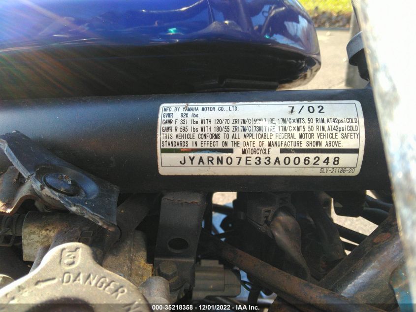 2003 YAMAHA FZS10 JYARN07E33A006248