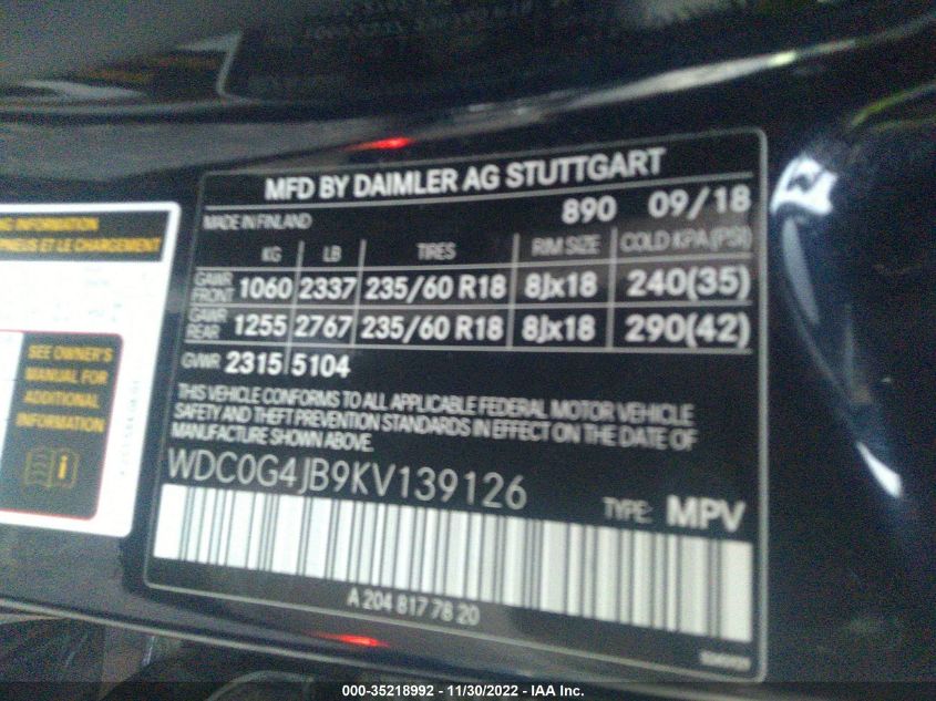 2019 MERCEDES-BENZ GLC GLC 300 WDC0G4JB9KV139126