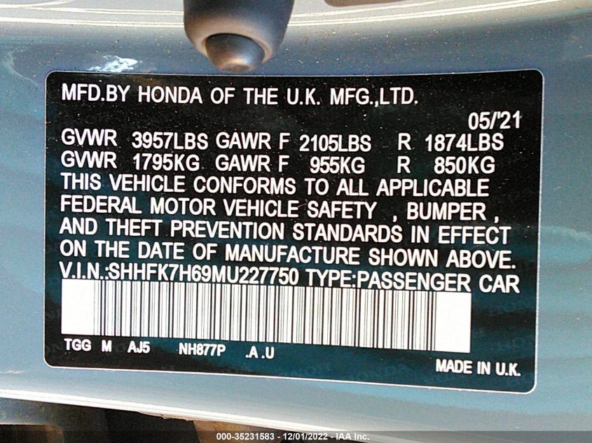 2021 HONDA CIVIC HATCHBACK EX SHHFK7H69MU227750