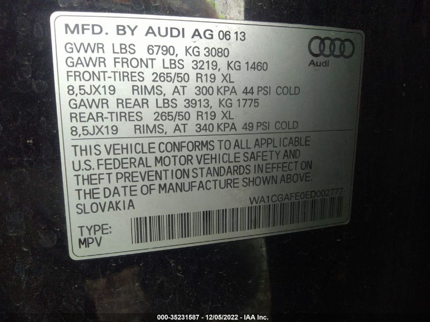 2014 AUDI Q7 3.0T PREMIUM WA1CGAFE0ED002777