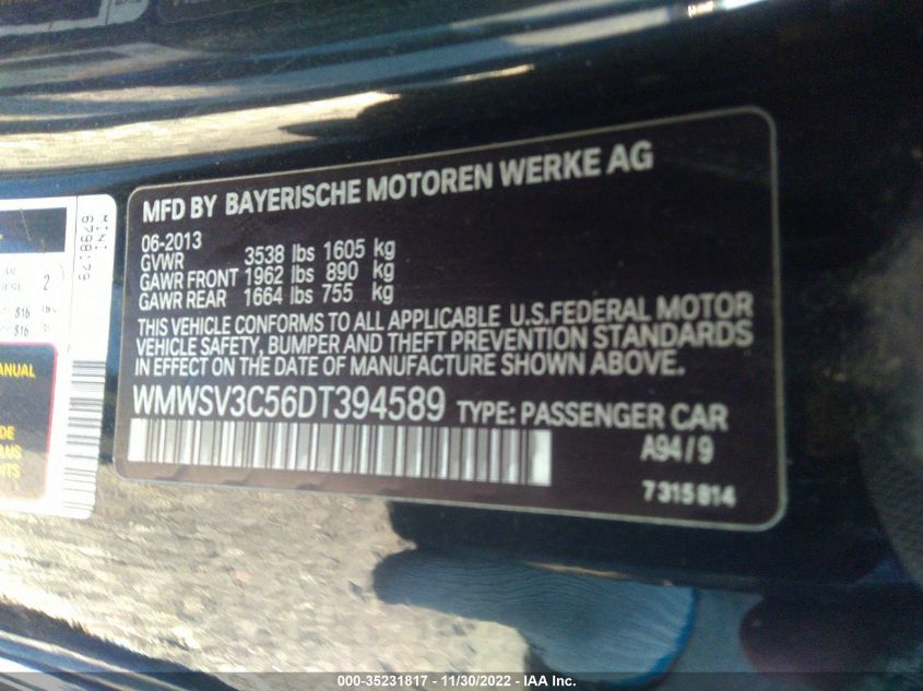 2013 MINI HARDTOP COOPER S WMWSV3C56DT394589