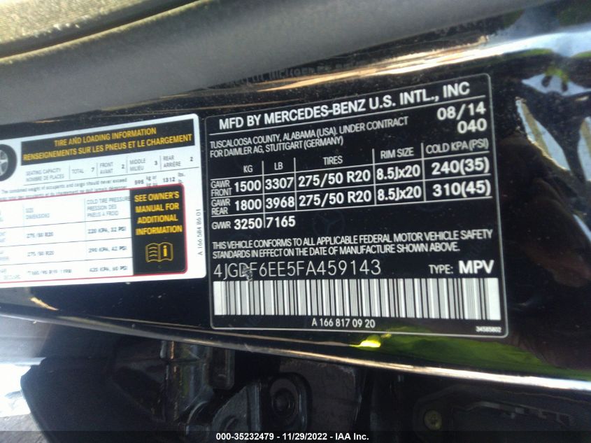 2015 MERCEDES-BENZ GL-CLASS GL 450 4JGDF6EE5FA459143