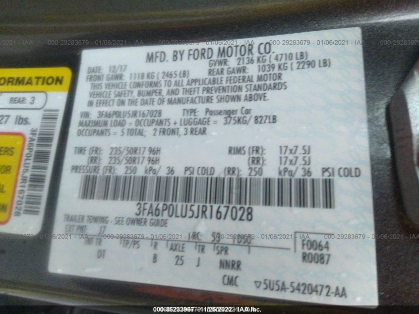2018 FORD FUSION HYBRID SE 3FA6P0LU5JR167028