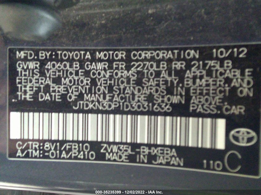 2013 TOYOTA PRIUS PLUG-IN JTDKN3DP1D3031636