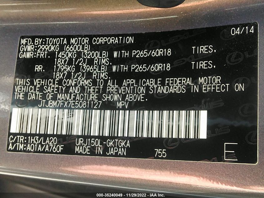 2014 LEXUS GX 460 JTJBM7FX7E5081127