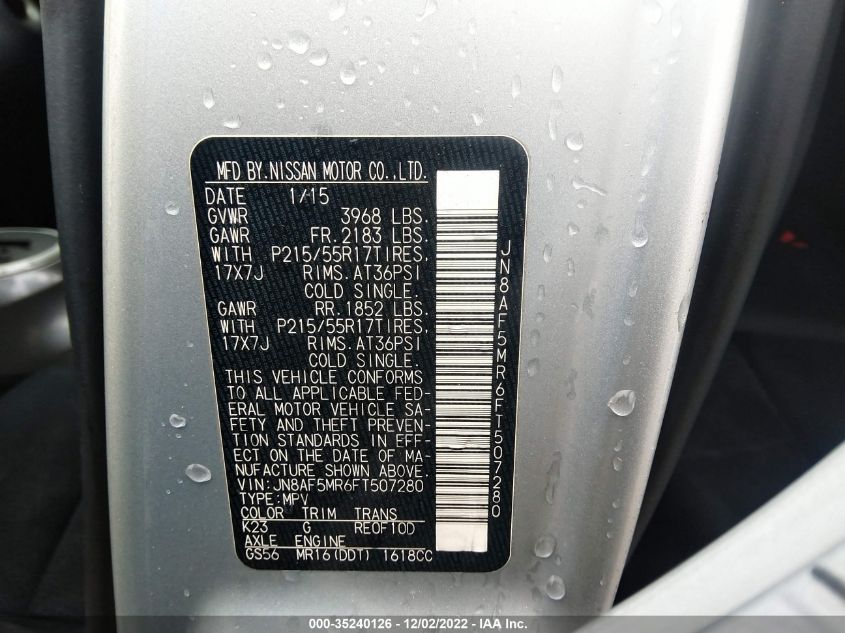 2015 NISSAN JUKE SV - JN8AF5MR6FT507280