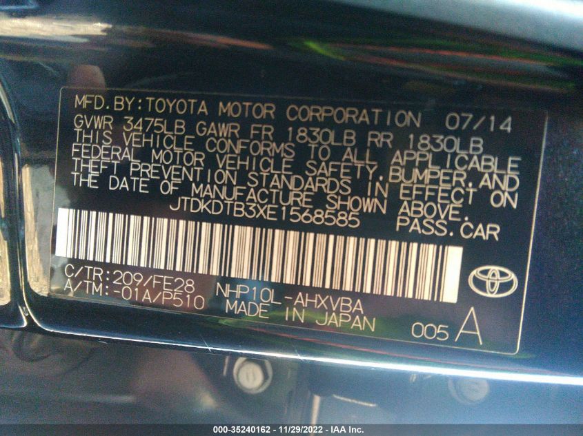 2014 TOYOTA PRIUS C ONE/THREE/TWO/FOUR JTDKDTB3XE1568585