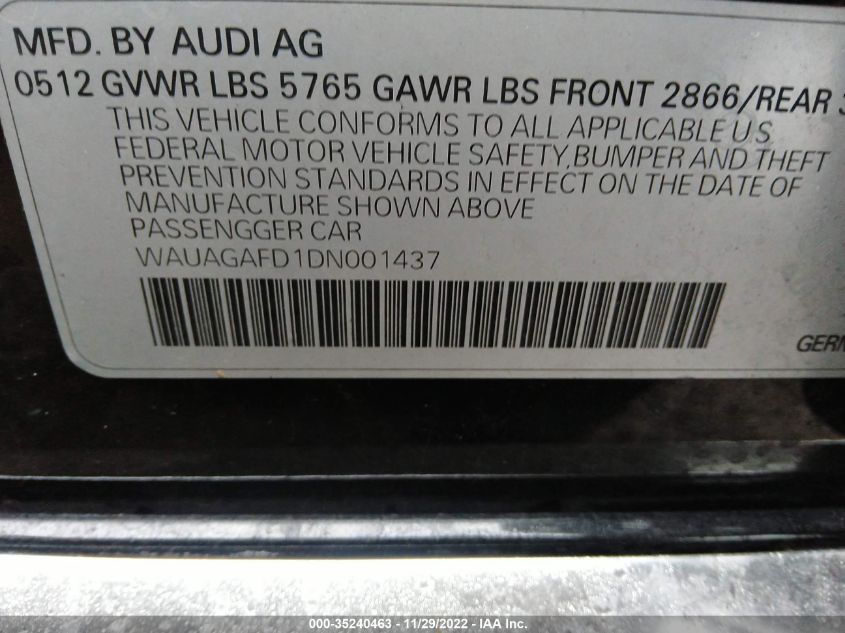 2013 AUDI A8 3.0L WAUAGAFD1DN001437