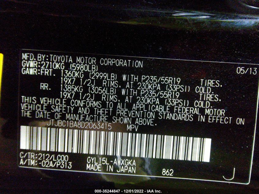 2013 LEXUS RX 450H JTJBC1BA8D2063415
