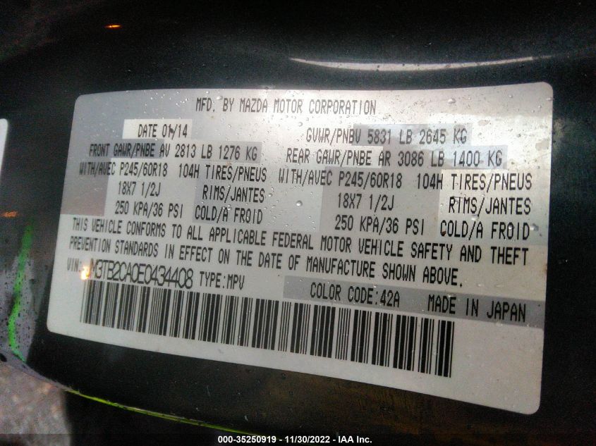 2014 MAZDA CX-9 TOURING JM3TB2CA0E0434408