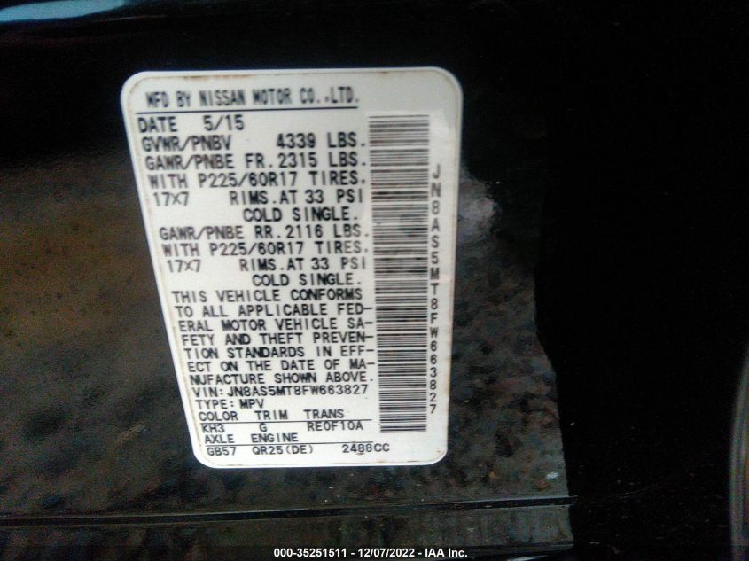 2015 NISSAN ROGUE SELECT S JN8AS5MT8FW663827