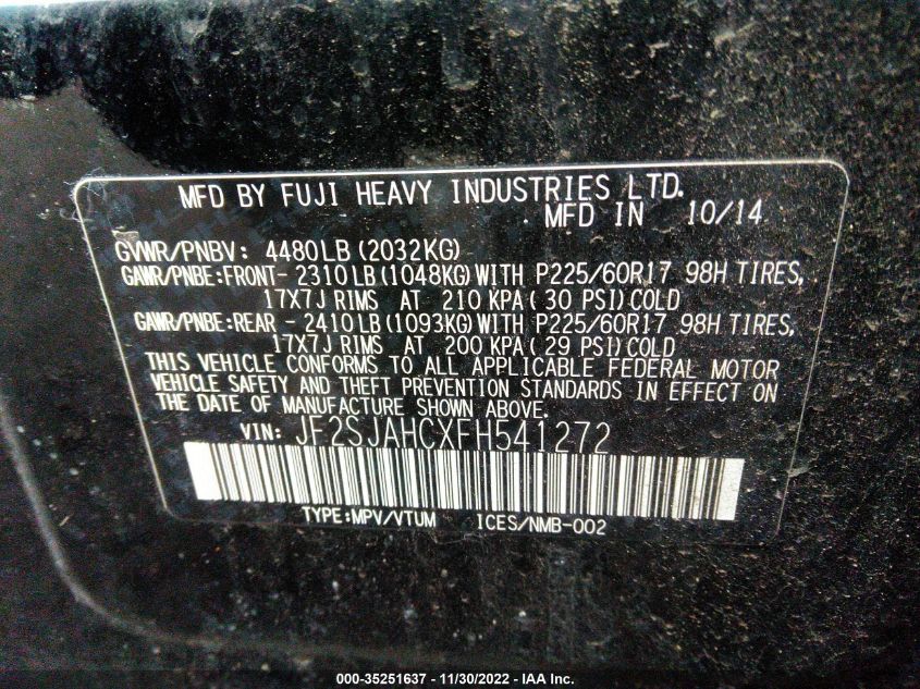 2015 SUBARU FORESTER 2.5I LIMITED - JF2SJAHCXFH541272