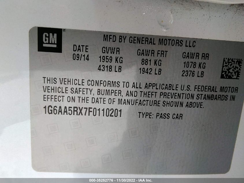 2015 CADILLAC ATS SEDAN STANDARD RWD 1G6AA5RX7F0110201