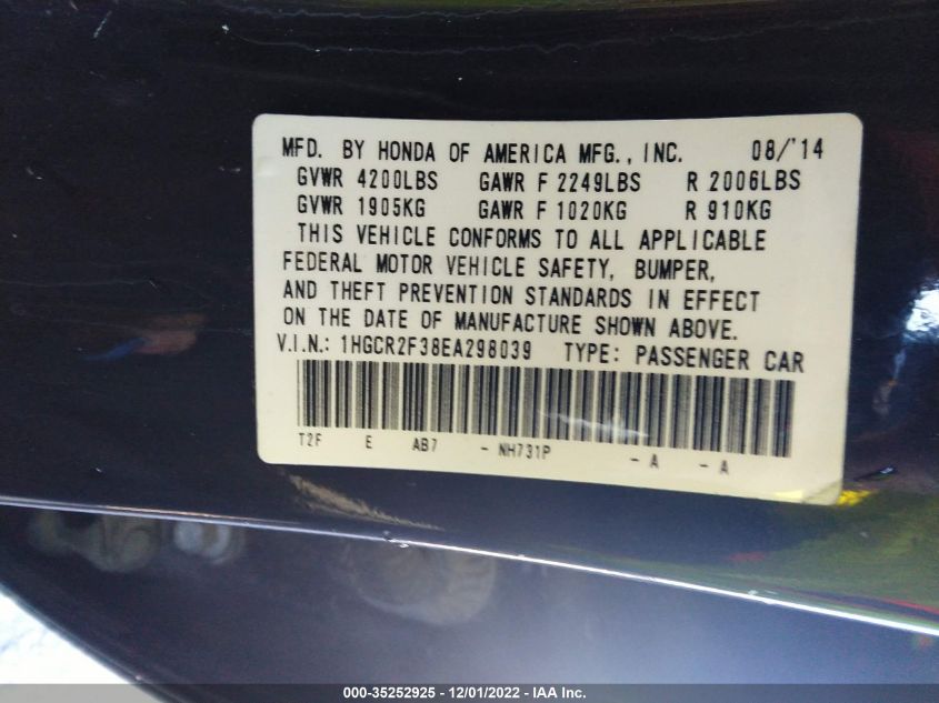 2014 HONDA ACCORD LX - 1HGCR2F38EA298039