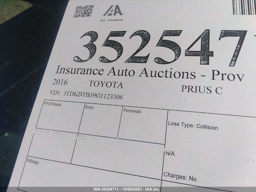 2016 TOYOTA PRIUS C ONE/TWO/THREE/FOUR - JTDKDTB39G1123306