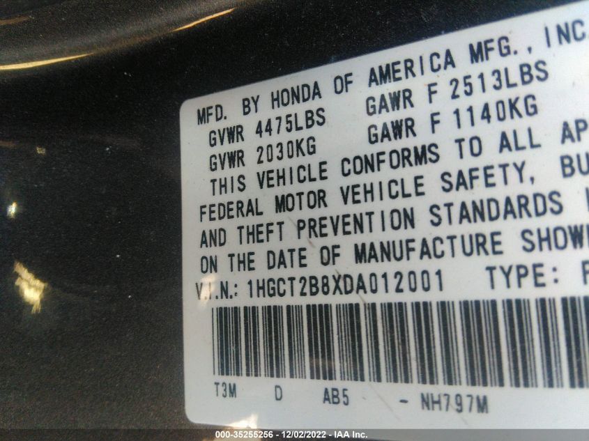 2013 HONDA ACCORD CPE EX-L 1HGCT2B8XDA012001