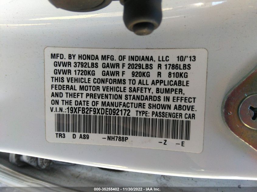 2013 HONDA CIVIC SDN EX-L 19XFB2F9XDE092172